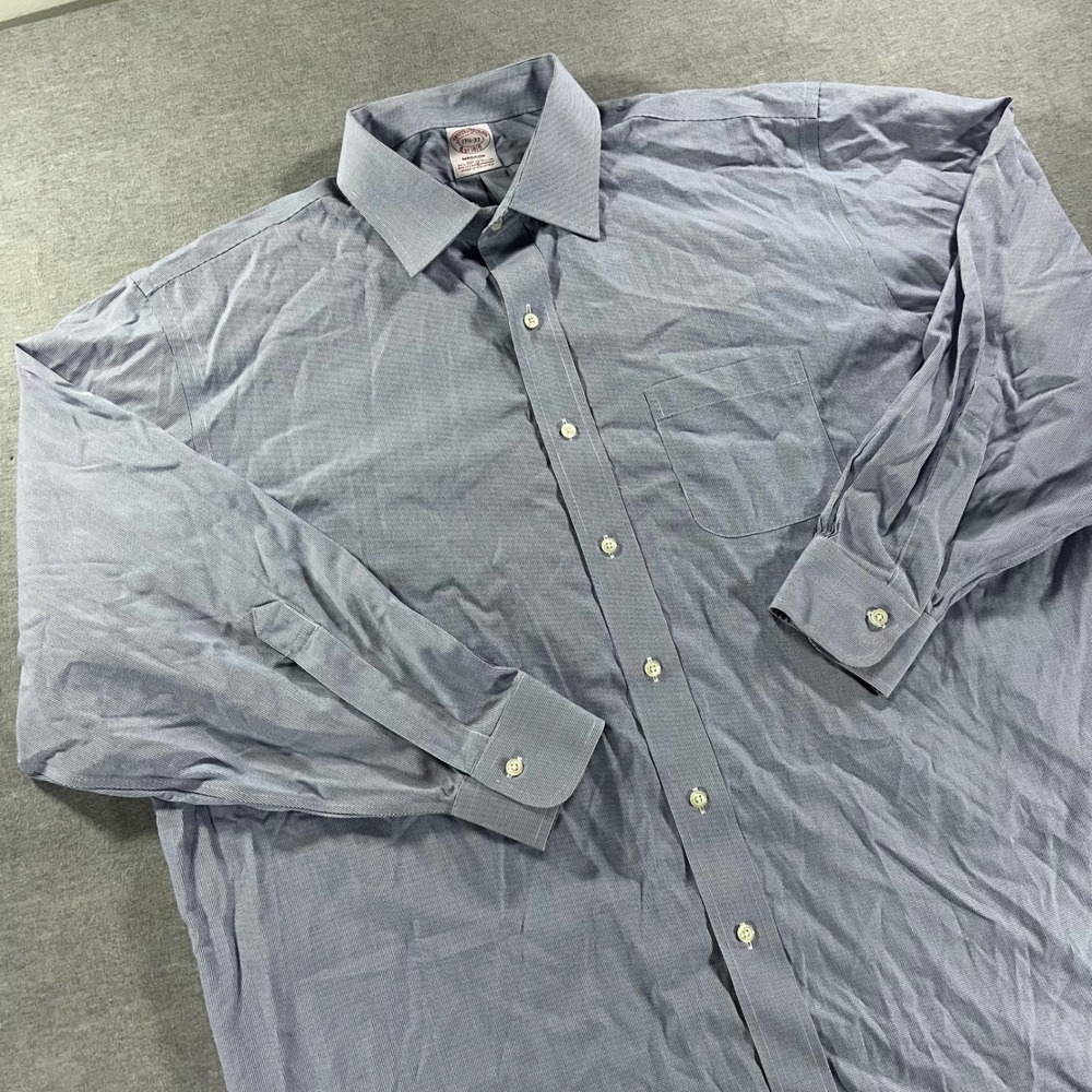 Brooks Brothers Madison Dress Shirt 17.5 33 Blue Micro Check Non-Iron Cotton